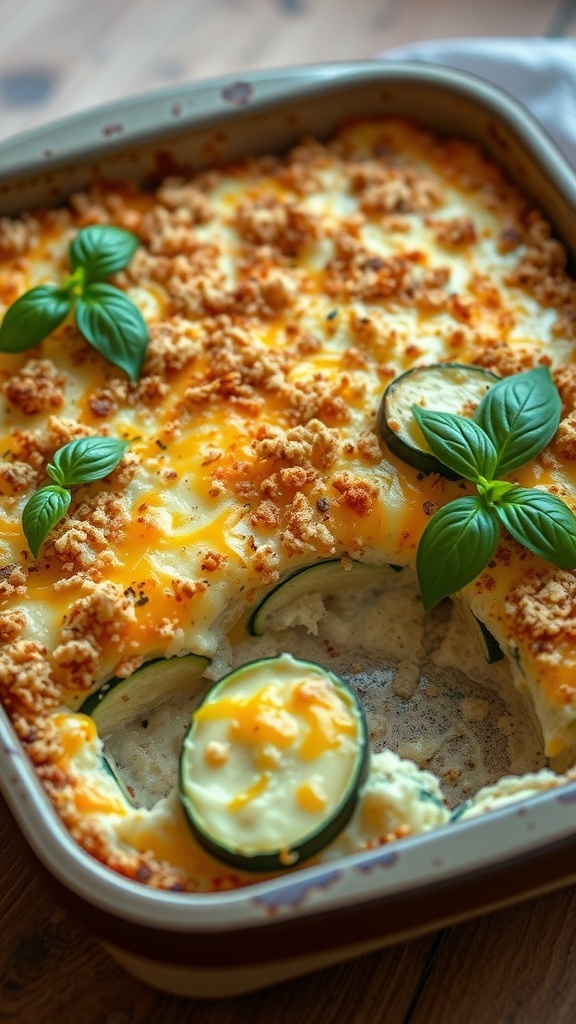 Baked zucchini casserole with cheese and breadcrumbs, garnished with basil, in a rustic dish.